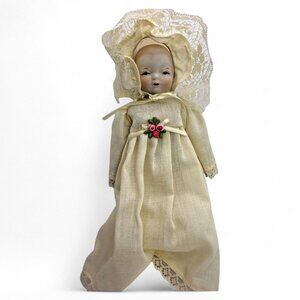 Vtg 1982 Schmid Happyland 7.5" Porcelain Bisque Doll With Lace Bonnet & Floral A